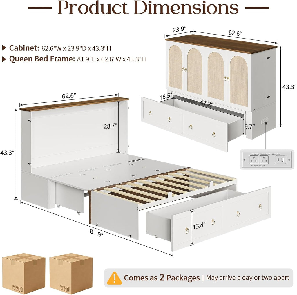 Queen Murphy Bed with Charging Station - Rattan Queen Bed Frame with Storage Drawers, Wood Cabinet Beds for Guest