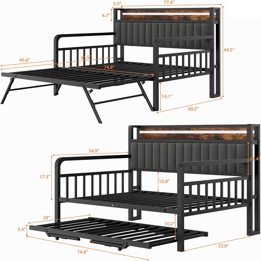 Daybed with Trundle and LED Light, Heavy Duty Metal Full Bed Frame with Upholstered Storage Headboard & Charging