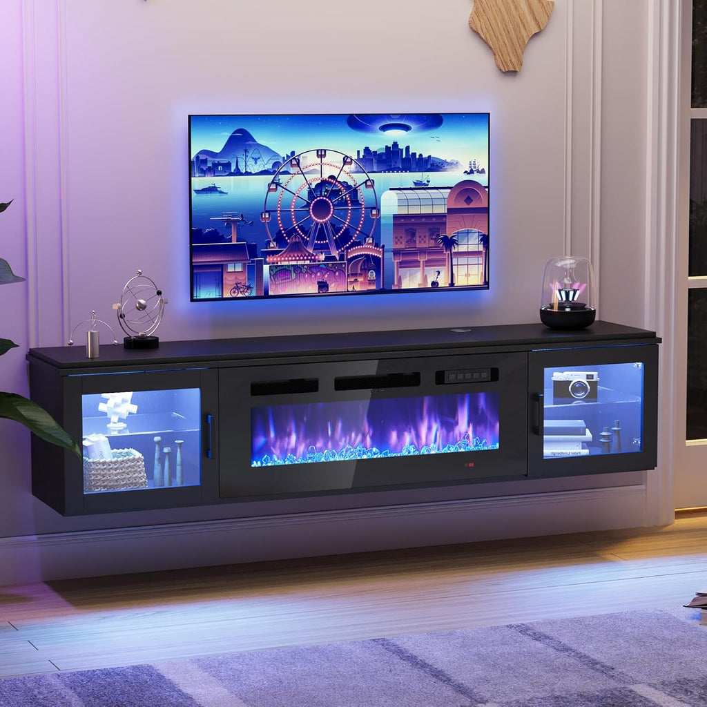 70 Inch Floating Fireplace TV Stand with 36 Inch Electric Fireplace, Wall Mounted Entertainment Center with Storage for TVs up to 80 Inches, Black