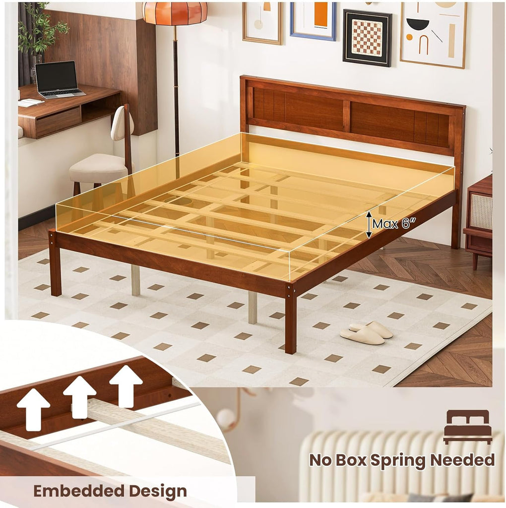 Queen Wood Platform Bed Frame with Headboard, Mid Century Queen Bed Frame with Wood Slat Support, Solid Wood
