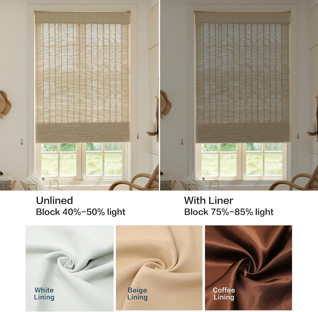 Bamboo Roman Shades, Easy Installation Oatmeal Woven Wood Shades, Cordless Custom Blackout Bamboo Window Shades for Doors Windows