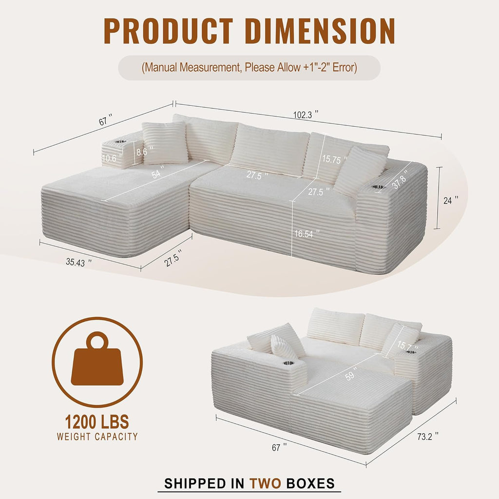 Boneless Couches for Living Room,Modular Sectional Sofa with 2 Cup Holders,Memory Foam Cloud Couch with L Shaped
