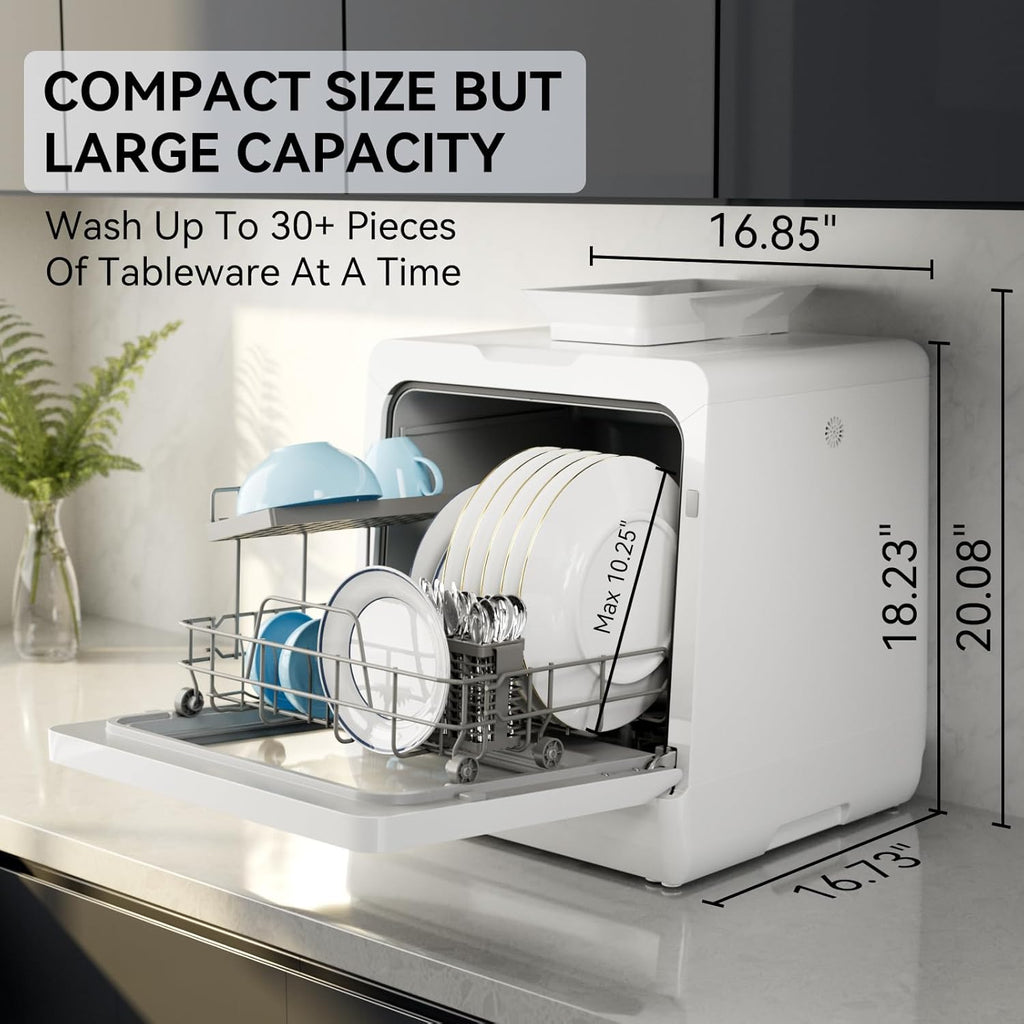 Countertop Dishwasher, 7 Washing Programs Portable Mini Dishwasher with 5-Liter Built-in Water Tank for Apartments & RVs, LED Light, Glass Door, No Hookup Needed