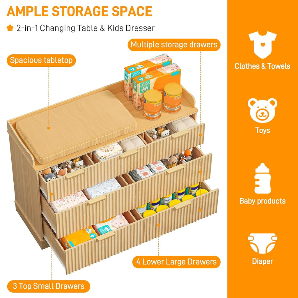 Nursery Dresser, 7 Drawer Wood Baby Dresser, Fluted Chest with Gold Handles, Safe & Spacious Storage Organizer for