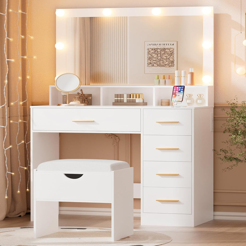 Vanity Desk with Mirror and Lights, 35.43" Large Mirror Makeup Table with Stool, 5 Drawers Dressing Table for Girls