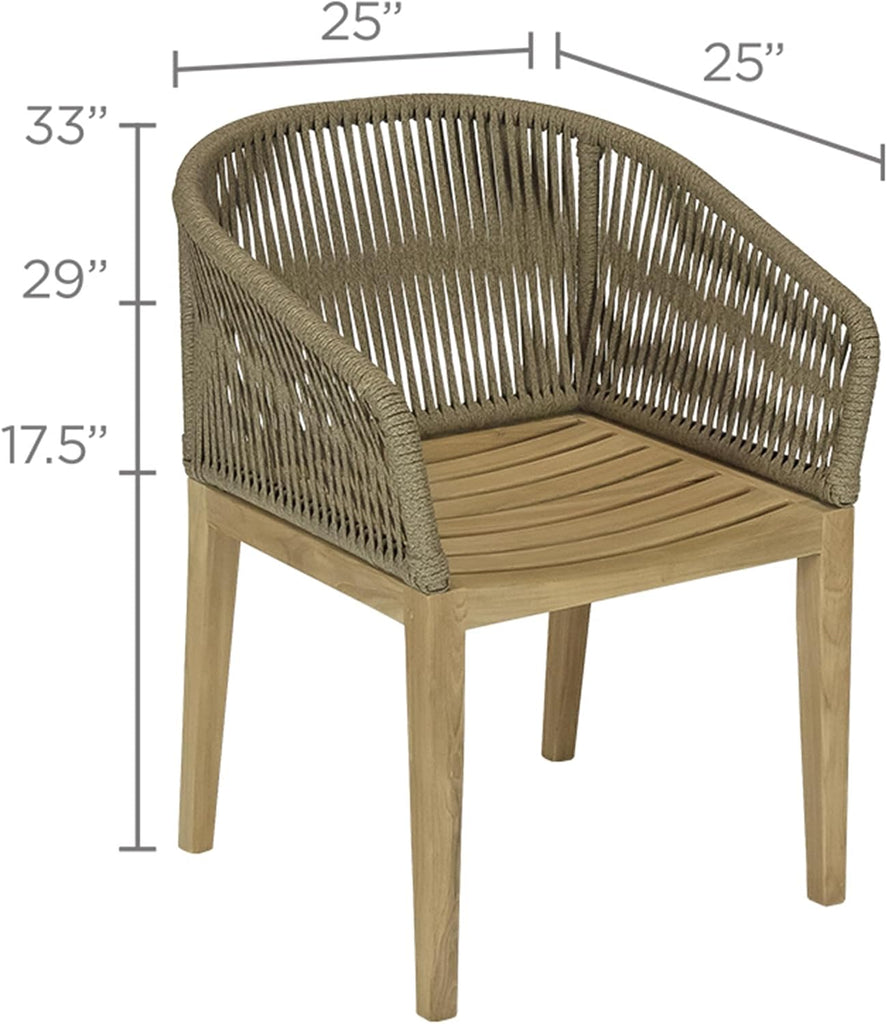 Malibu Dining Chair with Arms, Rope-Wrapped Outdoor Teak Chairs, Scandinavian Style Patio Chairs, Residential and