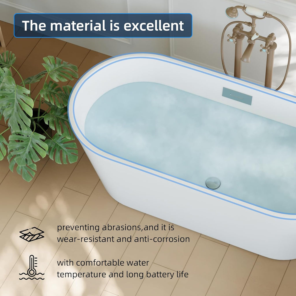 Acrylic Freestanding Bathtub, Deep Soaking Tub with Non-Slip Base, CUPC Certified Free Standing Tub, Chrome Drain