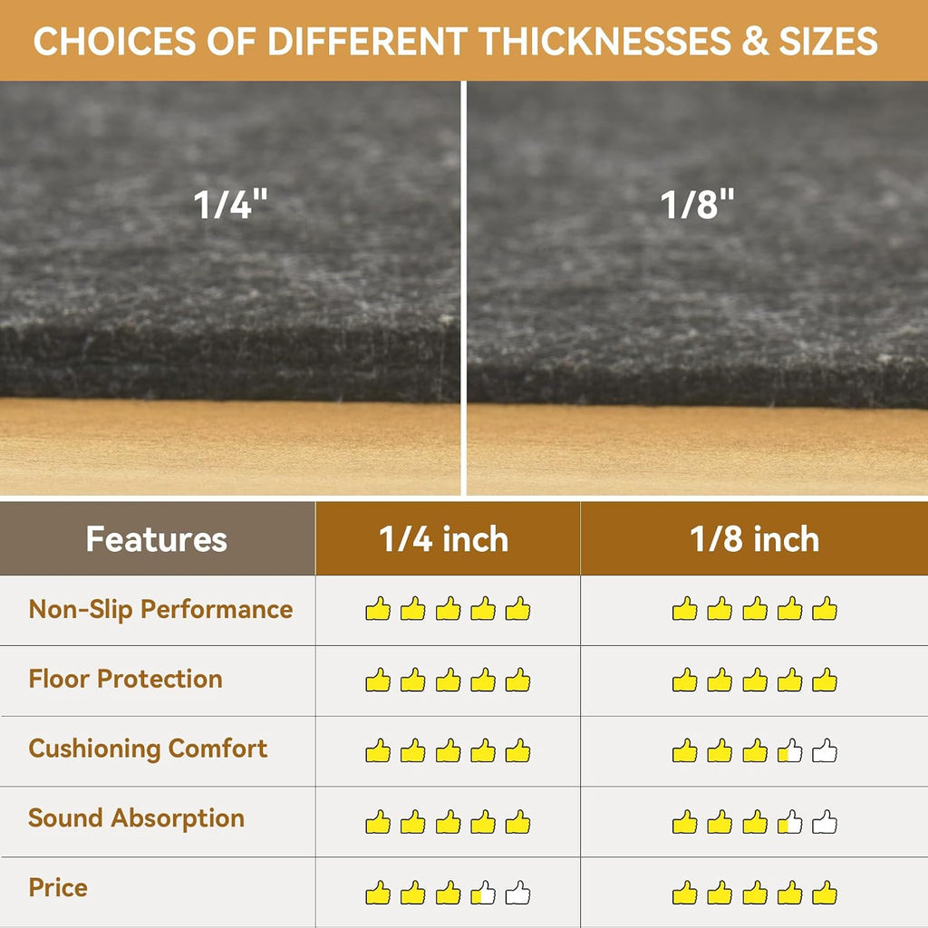1/4" Thick Felt and Natural Rubber Backing Rug Pad - Non Slip Carpet Gripper for 2 x 8 Ft Area Rugs - Protective - Set of 16