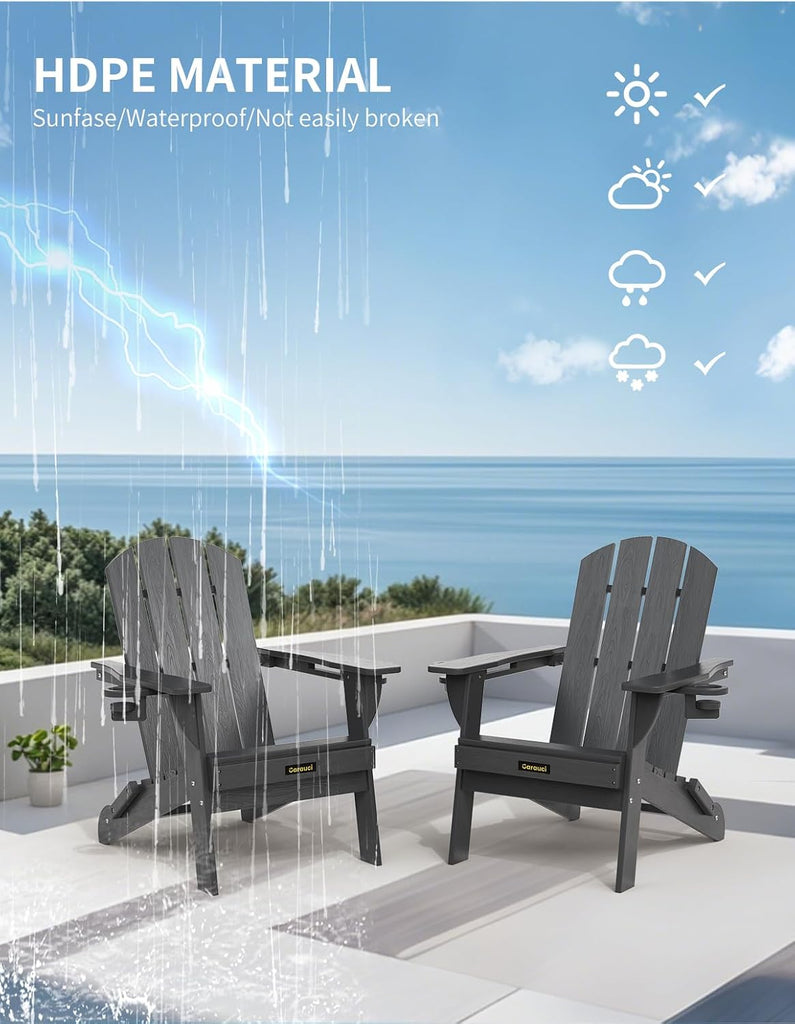 Folding Adirondack Chair, Wooden Textured Plastic Adirondack Chairs with 2 Cup Holder, Weather Resistant HDPE Fire