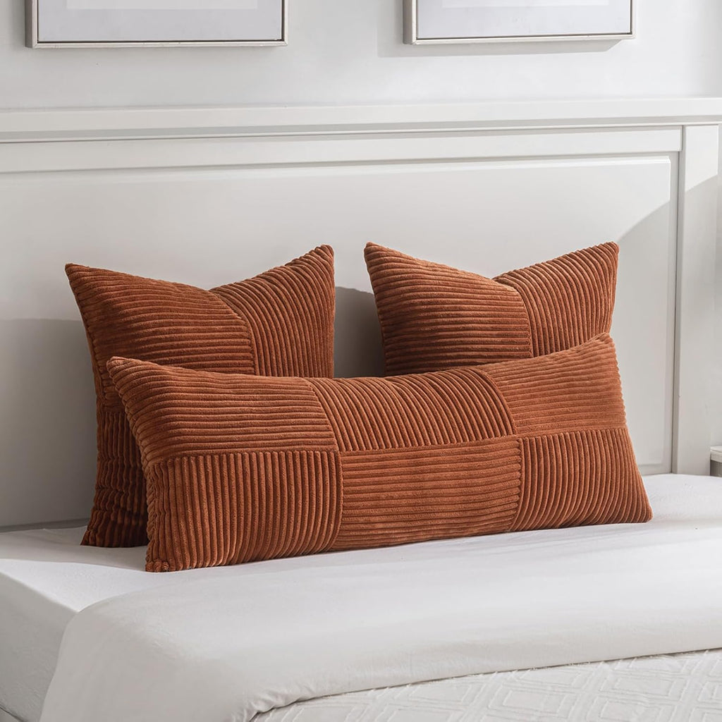2 Packs Rust Boho Decorative Throw Pillow Covers 18x18 Inch, Farmhouse Fall Home Decor, Soft Corss Corduroy Patchwork