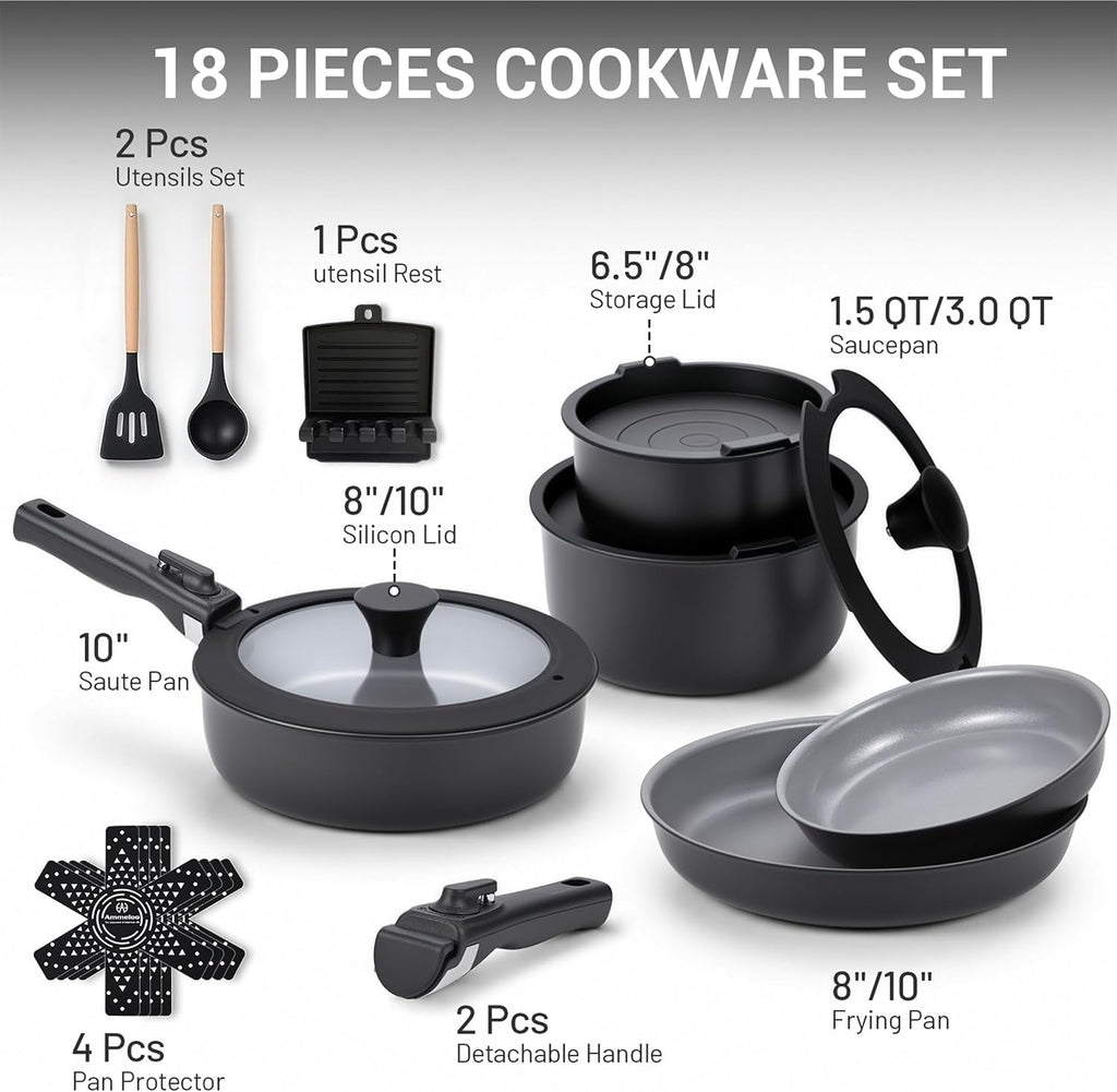 18-Piece Ceramic Pots and Pans Set Non Stick, Non Toxic Cookware Set with Removable Handles, Pot Sets for Cooking