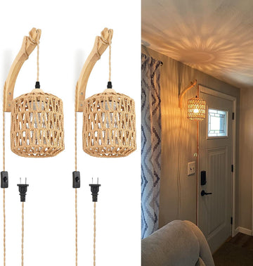 Plug in Wall Sconces Set of Two Hand Woven Lamp with Cord Rattan Lights Farmhouse Sconce Mounted Light Boho