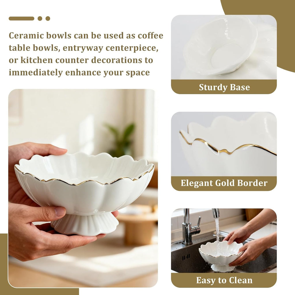 White Small Decorative Bowl 8 Inch Ceramic Key & Fruit Bowl Ruffle Lotus Shape with Gold Rim Candy Bowl, Multi-Use