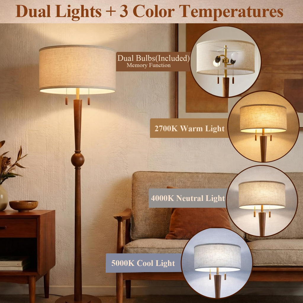 Solid Wood Floor Lamp with Wooden Pull Chains