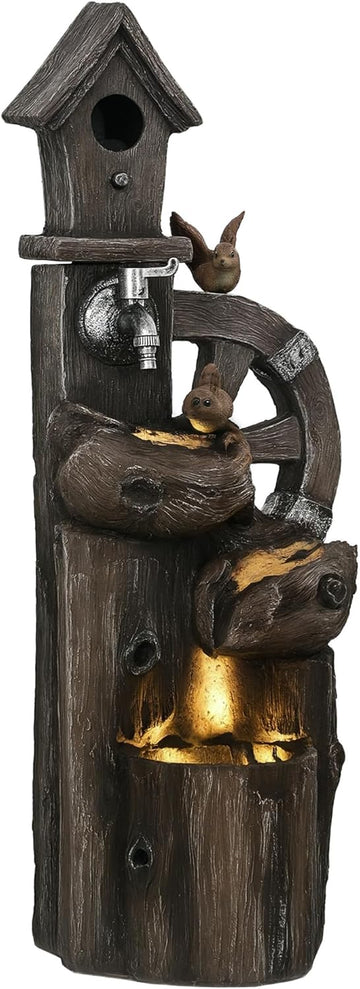 Outdoor Water Fountain, Decorative Garden Birdhouse, 3-Tier Cascading Waterfall with LED Lights and Water Wheel