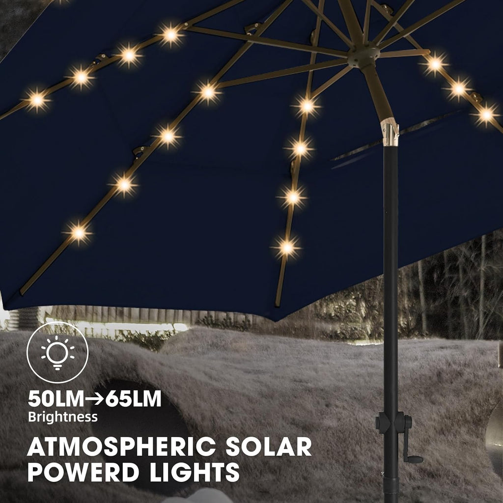 9FT 3Tiers Solar Led Patio Umbrella, Sturdy Outdoor Market Umbrella Pool, Garden w/Tilt, Crank, 32 LED Lights, Navy Blue