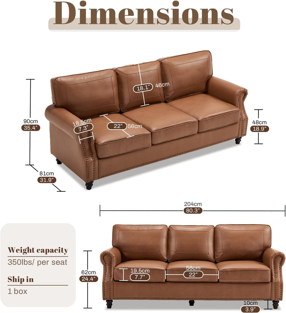 Kingfun Mid-Century Modern Couch, Faux Leather Sofa, 3 Seater Couch for Living Room with Rolled arms & Nailhead Trim