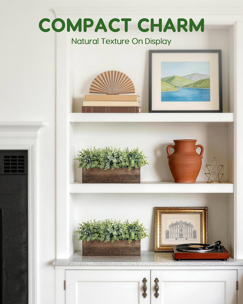 14" Artificial Eucalyptus Plants in Rustic Rectangular Wooden Planter Box, Fake Plants Centerpiece, Farmhouse Faux