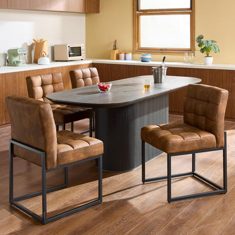 Faux Leather Dining Chairs Set of 4, Mid-Century Modern Armless Dining Room Chairs with Checkered Upholstery and Metal Legs, Coffee