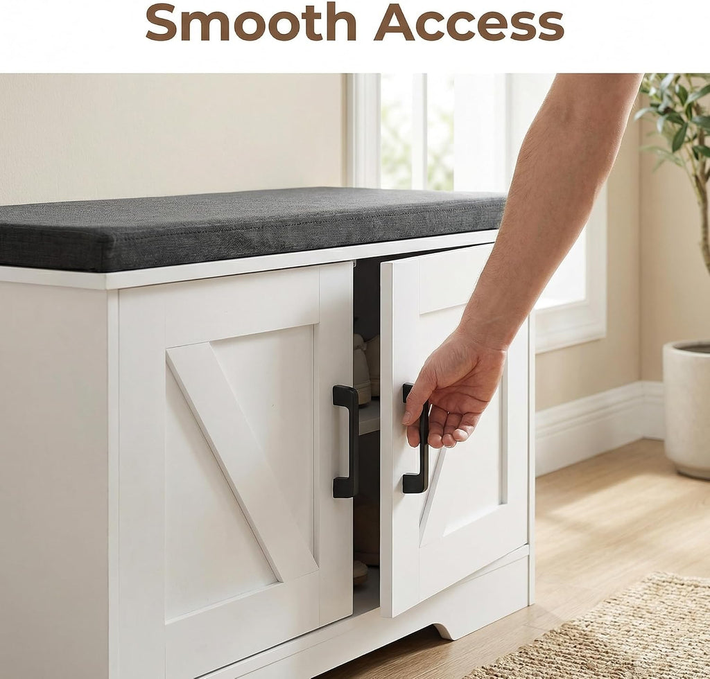 Farmhouse Shoe Storage Bench with 2 Barn Doors & Padded Seat Cushion | 27.6" Wide Entryway Bench with Adjustable