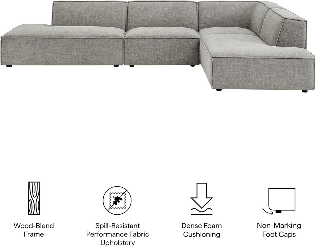 Restore Performance Fabric Upholstered 4-Piece Modular L-Shaped Armless Sectional Sofa in Pewter - Low Profile Couch