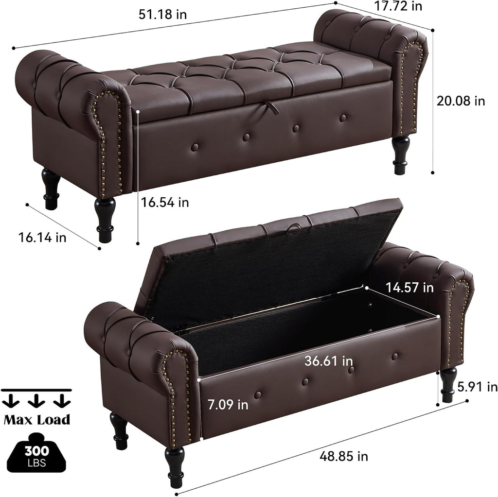 Storage Bench 51" Faux Leather End of Bed Benches Dark Brown | Queen Size Storage Bench with Rolled Arms Tufted