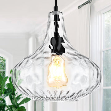 11" Clear Hammered Glass Pendant Light, Black Kitchen Island Light