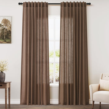 Caramel Brown Linen Curtains 84 Inches Long Back Tab Light Filtering Privacy Semi Sheer Drapes Modern Farmhouse Decor