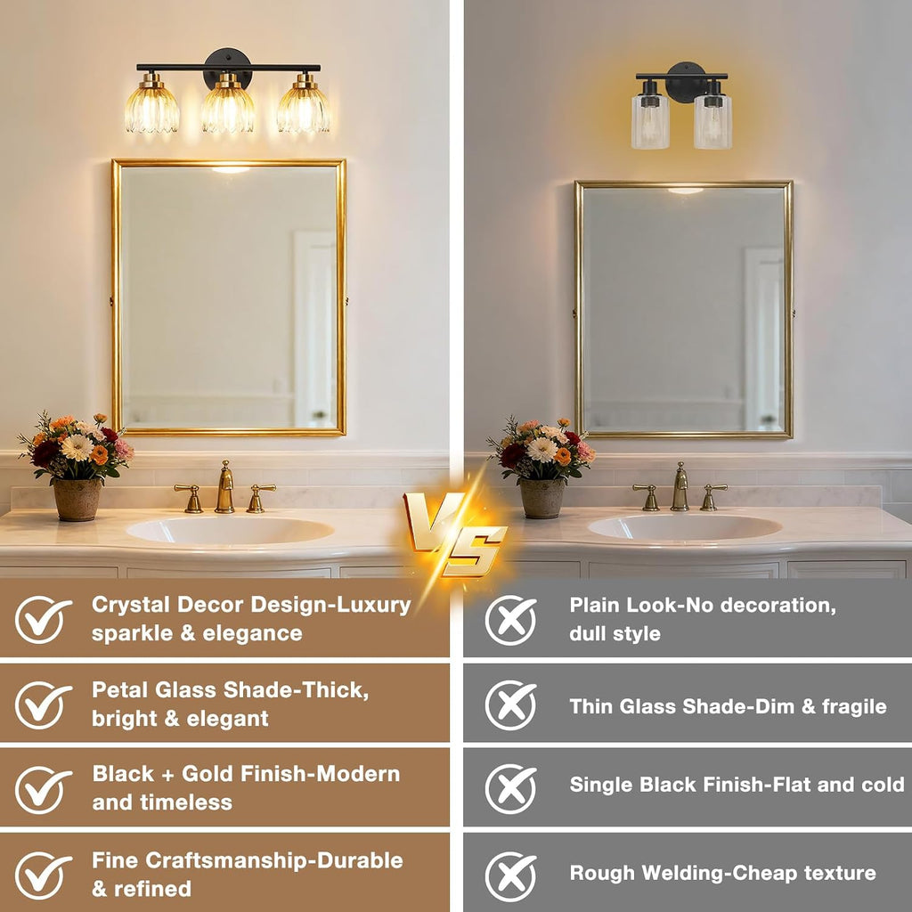 Black Gold 3-Light Bathroom Vanity Light with Amber Tulip GlassShade | Modern Vanity Lighting Fixtures, Bathroom