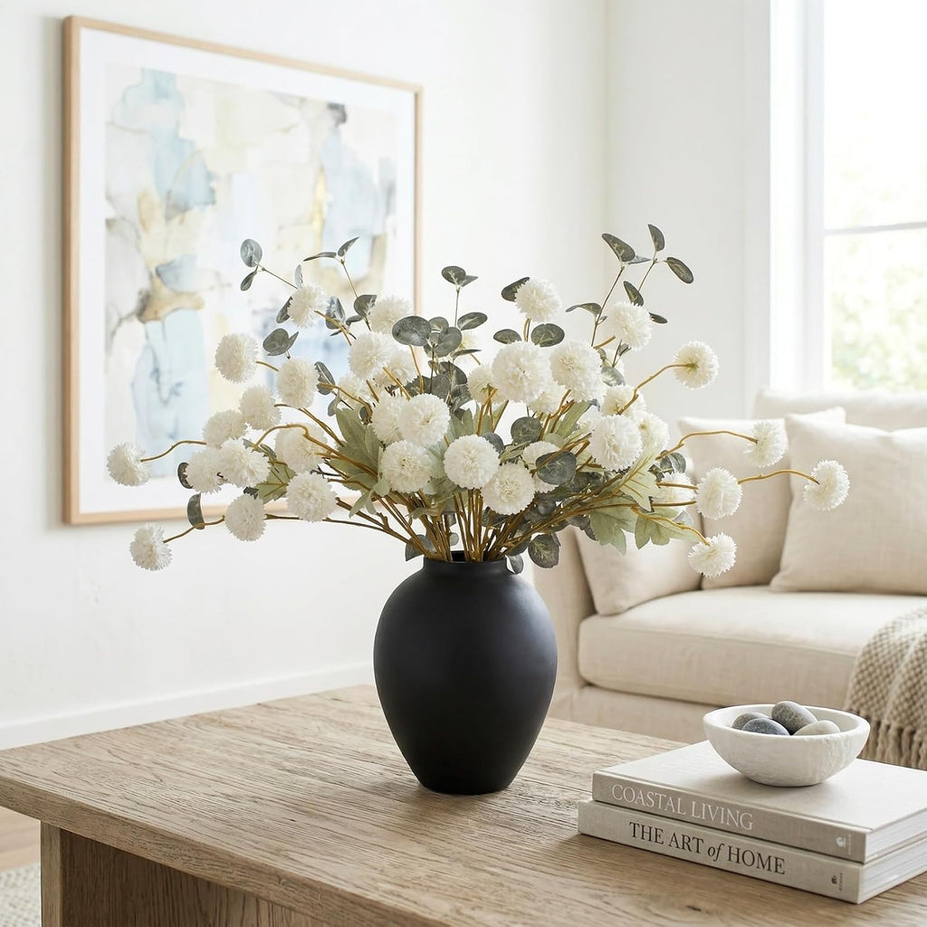 White Faux Kiku Flowers for Vase(NOT Included) - 10 Long Stem Artificial Flowers with Eucalyptus, Realistic Floral