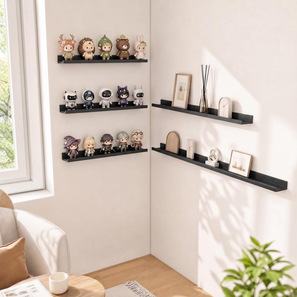 Picture Ledge Shelf for Wall, Black Floating Shelves, 24 inch Long Floating Shelves with Lip, Set of 2