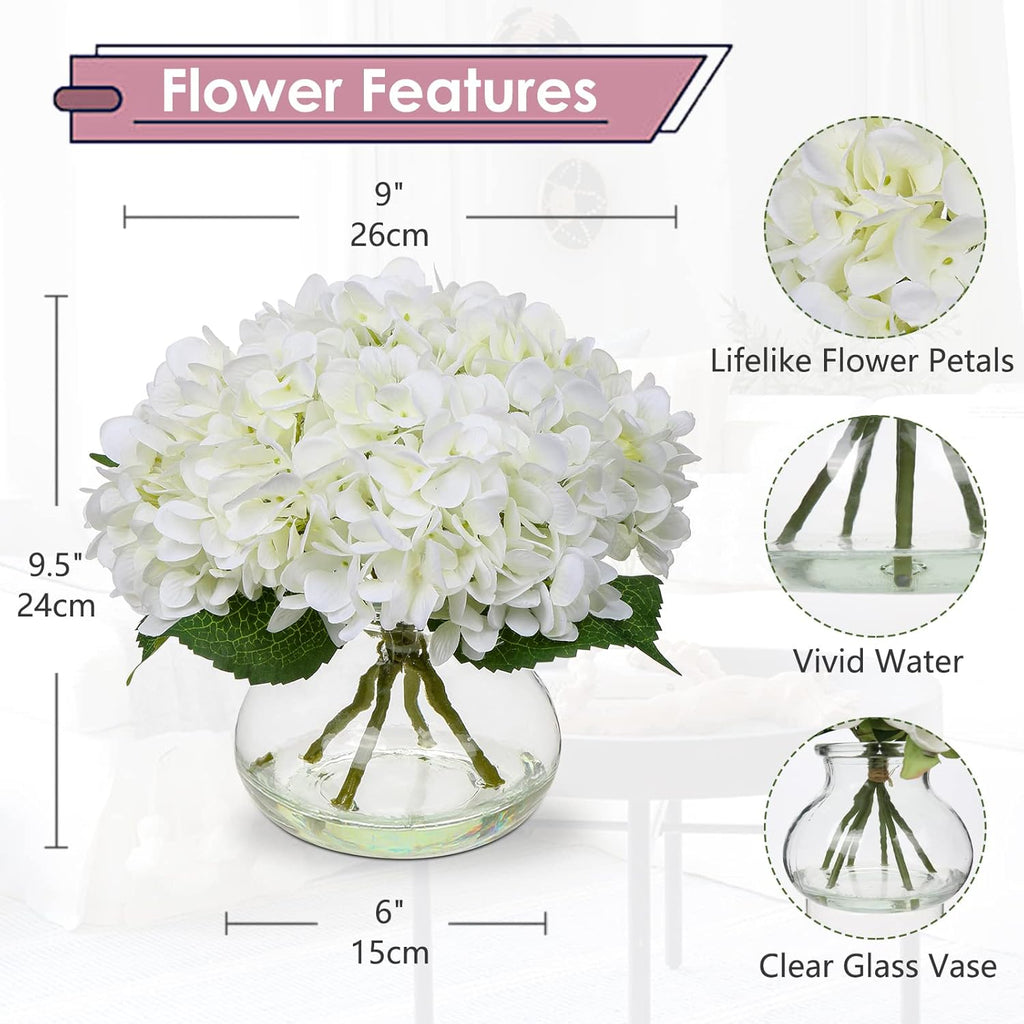 Hydrangea Artificial Flowers with Vase White Silk Fake Flowers Arrangements in Glass Vase with Faux Water Bathroom