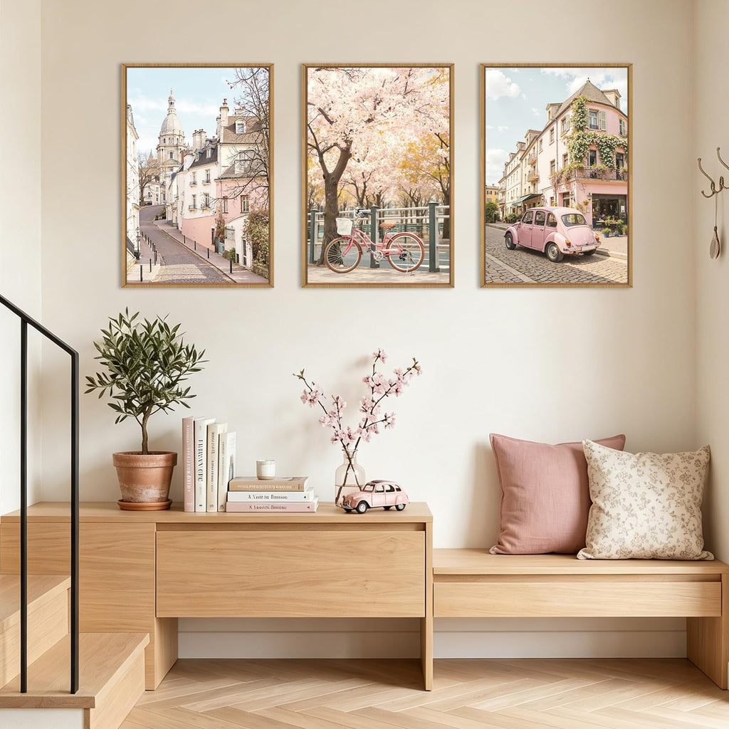 Vintage Italy Cityscape Framed Canvas Wall Art Set, Romantic Flower Street Wall Decor, Pink Bike Car Wall Painting