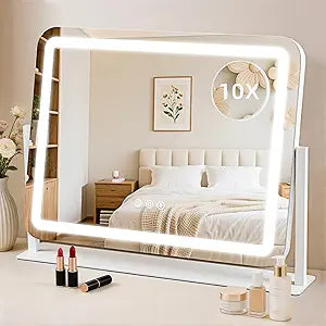 Vanity Mirror with Lights, Lighted Makeup Mirror with 10X Magnification, 3 Color Dimmble Lights, Touch Control, 360°