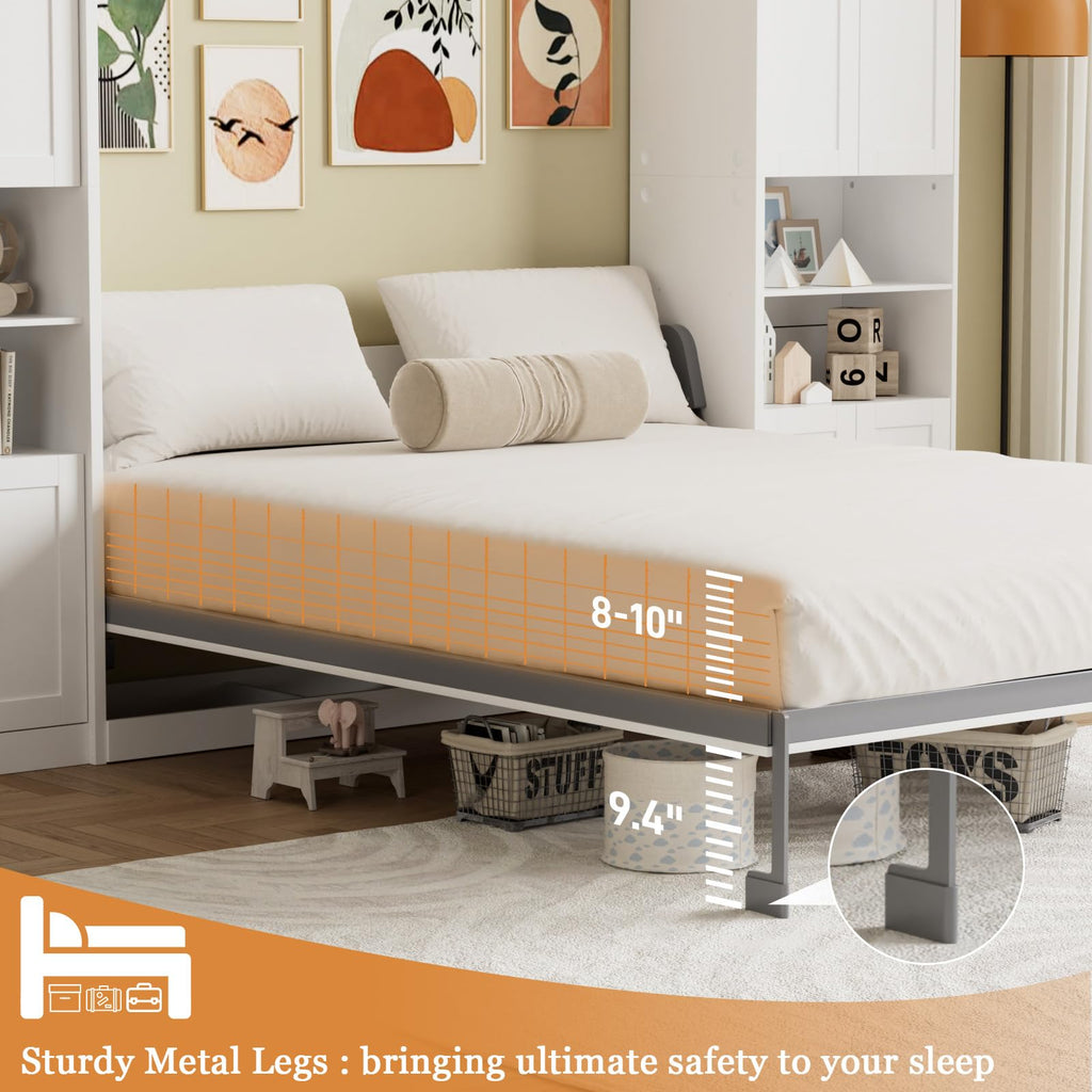 Murphy Bed Queen with 2 Storage Cabinets and USB Port, White