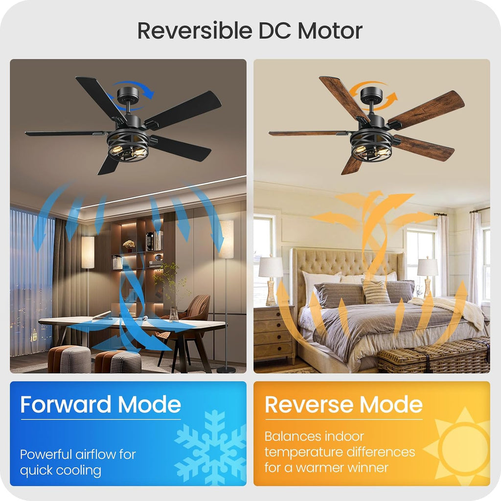 42 Inch Farmhouse Ceiling Fan with Lights and Remote, Timer, Dual Finish 5 Blades (Walnut and Black), 6 Speeds