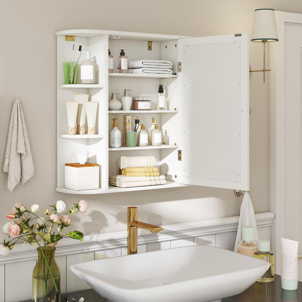 Bathroom Medicine Cabinet with Mirror, Modern Wall Mounted Space-Saving Storage Organizer with Mirrored Door, 4