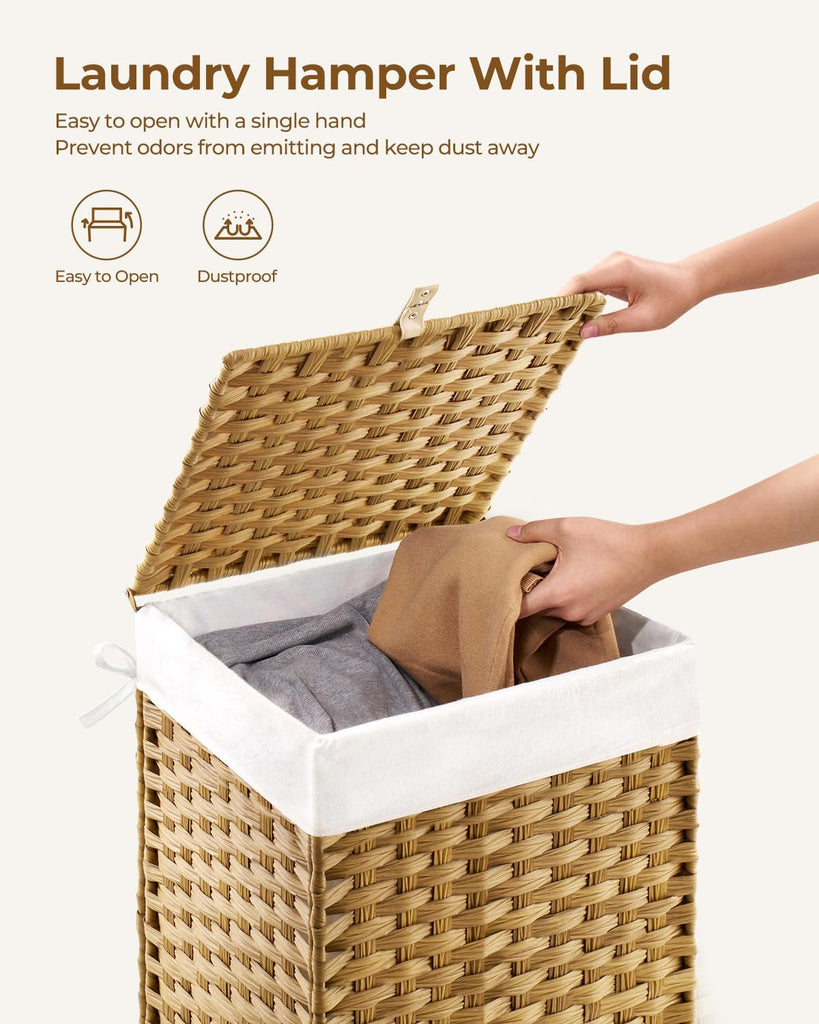 Laundry Hamper with Lid, 60L Clothes Hamper with 2 Removable Liner Bags & 2 Mesh Laundry Bags, Handwoven Synthetic