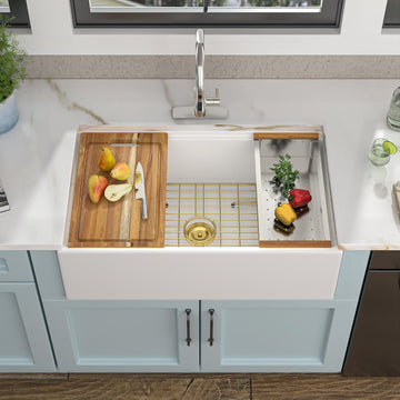 30 White Farm Sink Workstation - 30 Inch Farmhouse Kitchen Sink Workstation with Slide Ledge Apron Front Reversible