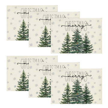 Beige Pine Tree Snowflake Merry Christmas Placemats Set of 6, 12x18 Inch Seasonal Winter Xmas Holiday Table Mats for