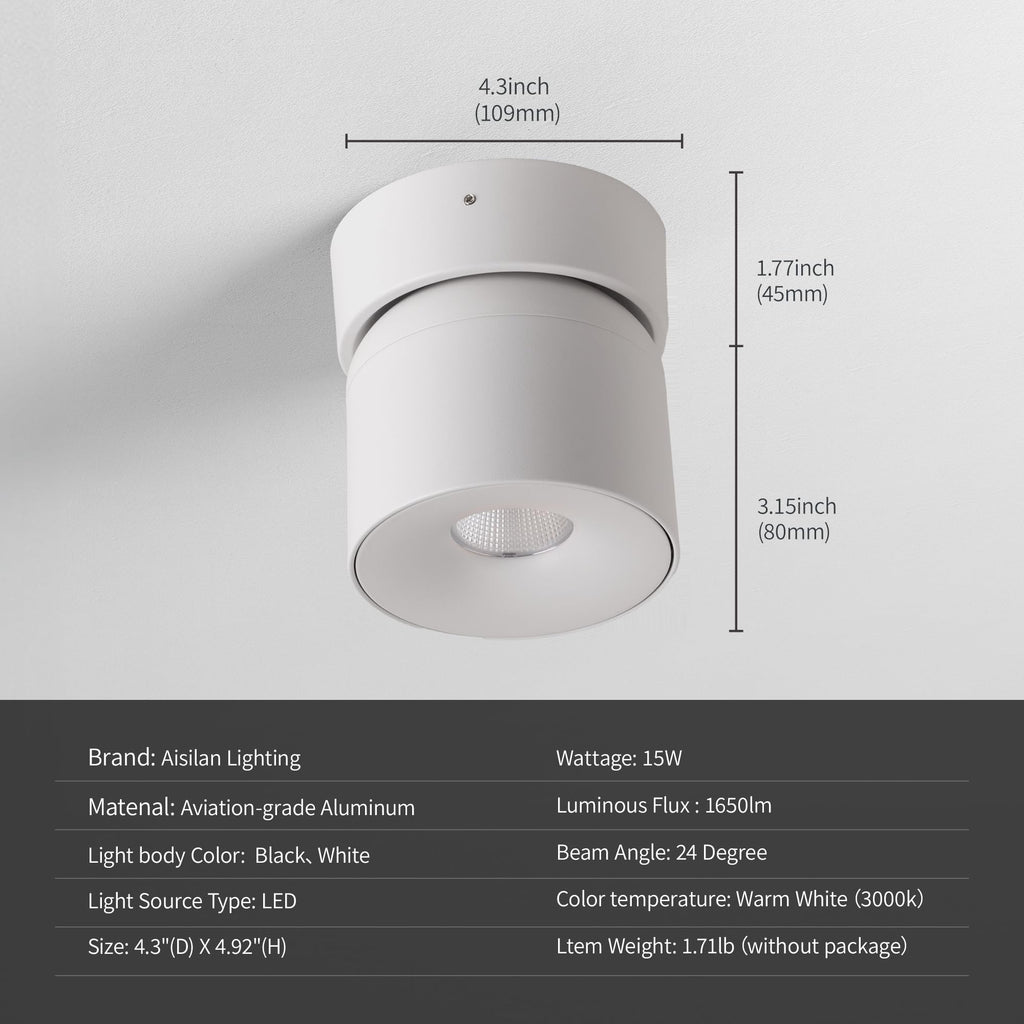 Aisilan 15W LED Dimmable Ceiling Spotlight, Adjustable Directional Surface Flush Mount Lighting, Wall Spot Lights