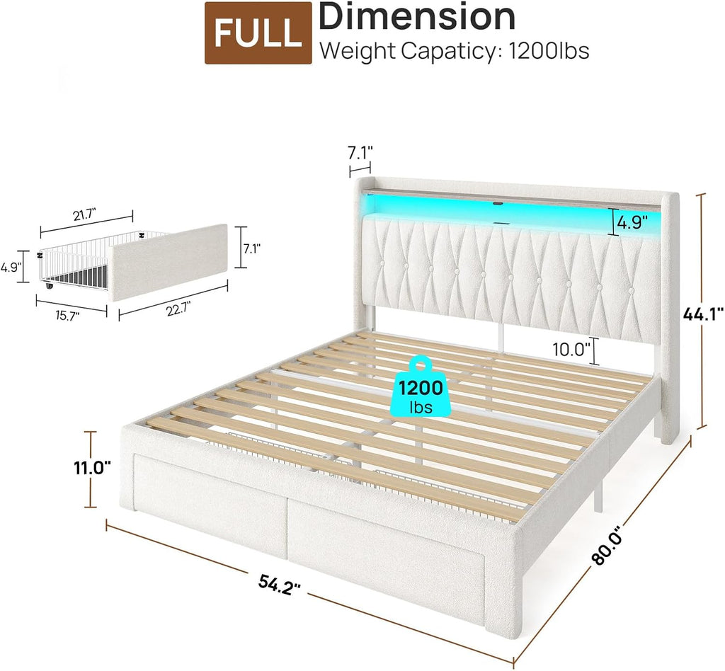 Full Bed Frame with Drawers, Storage Headboard with Charging Station and LED Lights