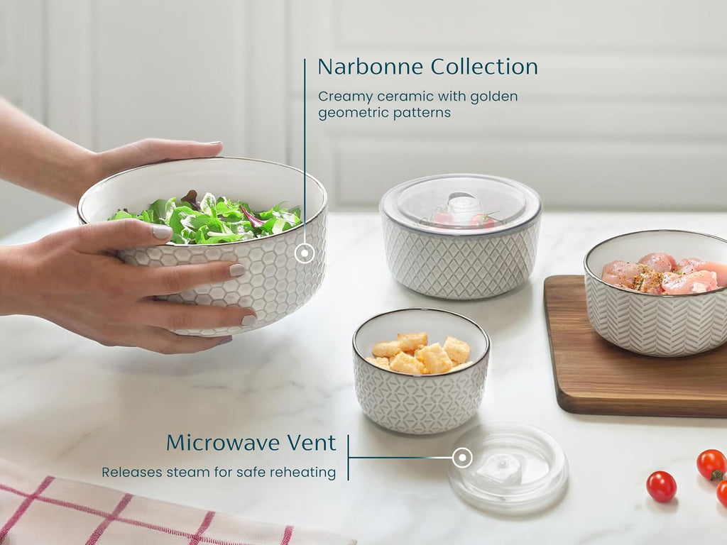 Serving Bowls, with Lids, Ceramic Nesting Bowls, Set of 4, Embossed, Kitchen, Prep, Stackable, Gift, Microwave and