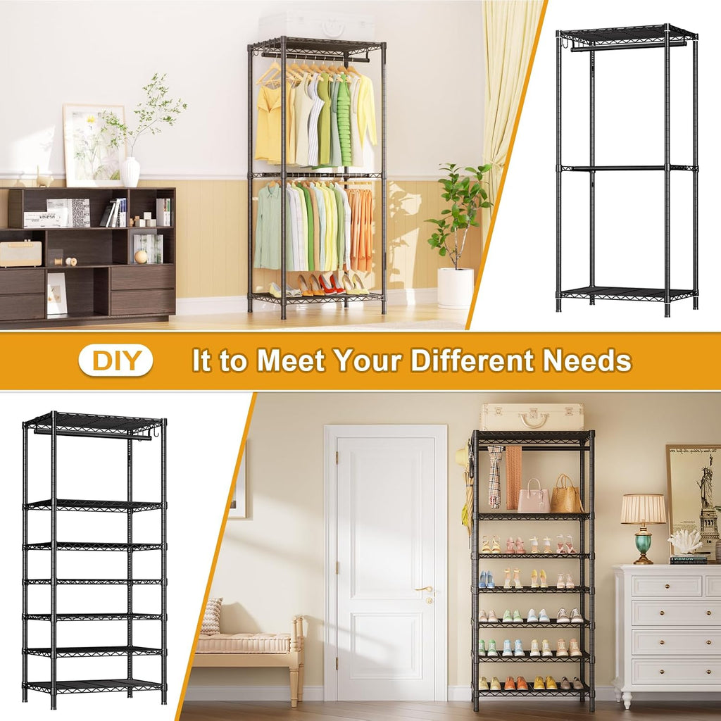 E13C Heavy Duty Closet Organizer System,Freestanding Clothing Racks for Hanging Clothes,Adjustable Garment Rack 63" W