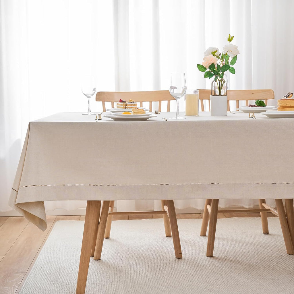 Light Natural Handmade Hemstitch Contemporary Linen Blend Solid Color Tablecloth for Dinner Table, P