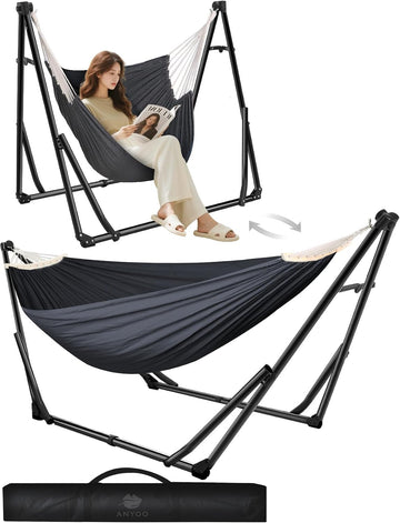 2-in-1 Hammock & Chair Stand with Collapsible Steel Frame & Carry Bag | Tool-free Set up Multi-angle & Height