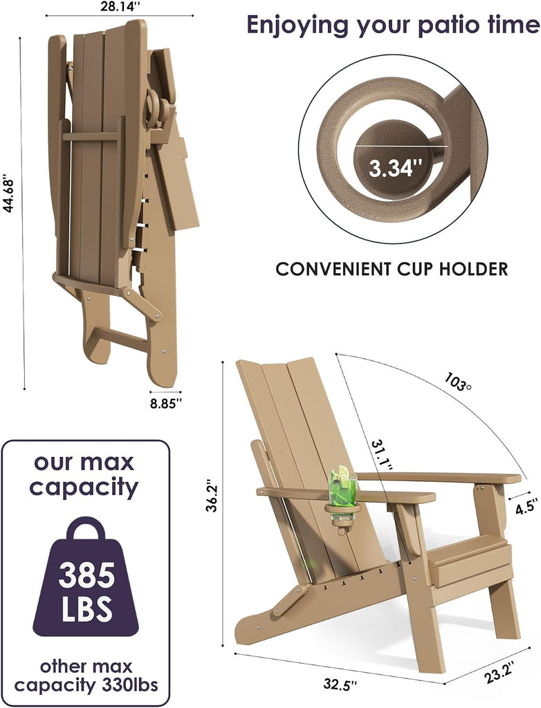 Folding Adirondack Chairs, All-Weather Resistant HDPE Patio Firepit Chairs, Sturdy Outside Chairs with Cup Holder
