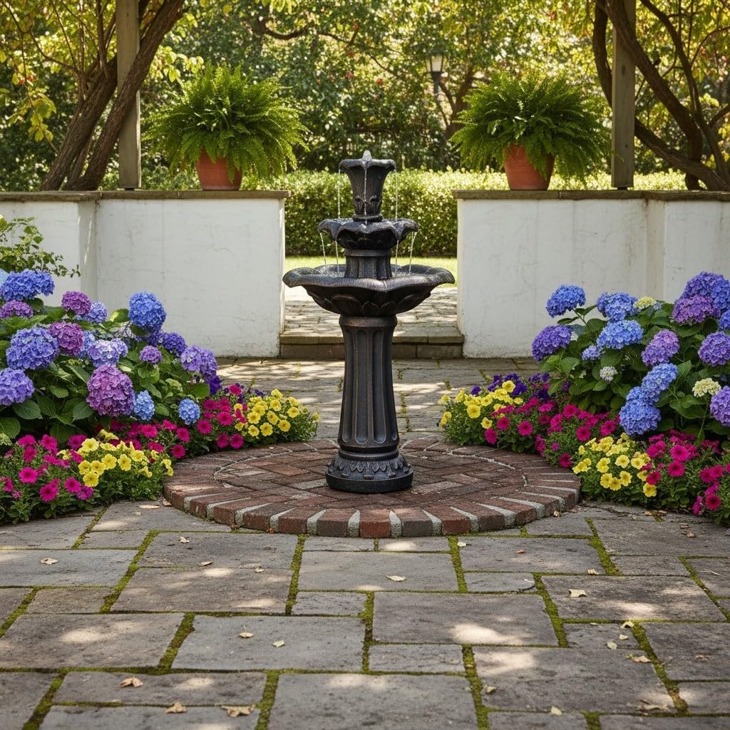 Lily Flower Floor Pedestal 3 Tiered Floor Waterfall Fountain with Pump Patio Garden Backyard Decking, 38 Inch Height
