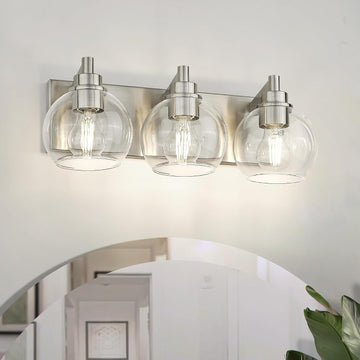 Bathroom Light Fixtures, 3-Light Brushed Nickel Vanity Light, Modern Wall Sconces with Globe Clear Glass Shade
