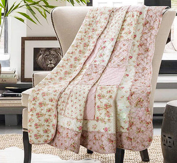 Original 100% Cotton Quilt Pink Floral Patchwork Quilts Quilted Throw Blanket, Reversible Bedspread Coverlet Vintage